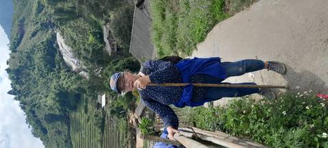 Person holding a walking stick in the mountains.