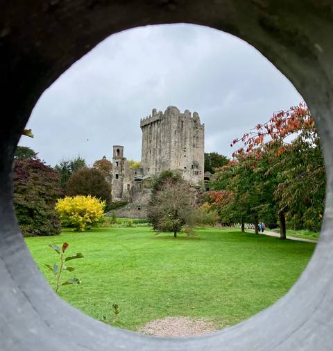 Scenic view of Blarney Castle framed by foliage.