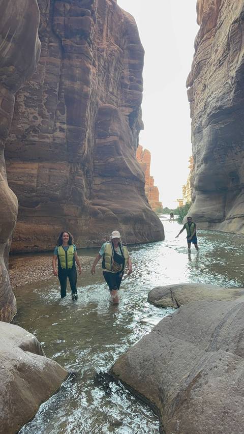       People wading through a canyon stream.
  
