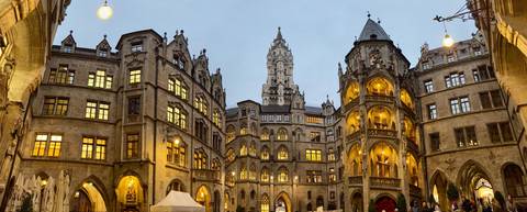 Gothic architecture of a historic building at dusk.
