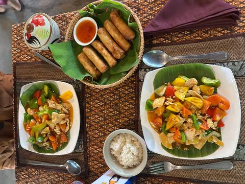 Plates of food including spring rolls and rice, served on a table