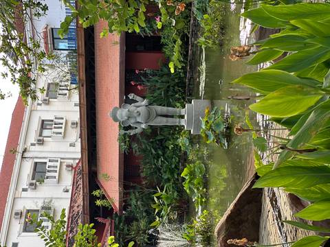 Outdoor garden area with a Ganesha statue in front of a pond