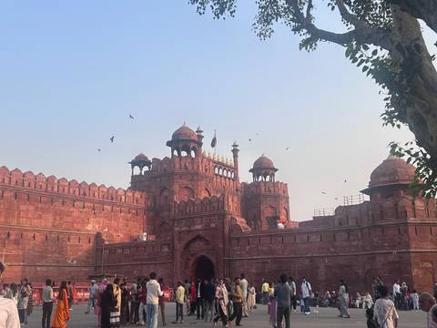       Red Fort in New Delhi with clear sky and birds.
  
