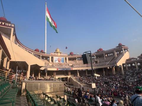       Amphitheater at Wagah Border full of spectators.
  
