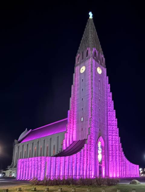 Church lit in pink at night.