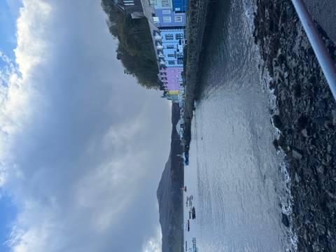       Colorful houses along a waterfront with boats.
  