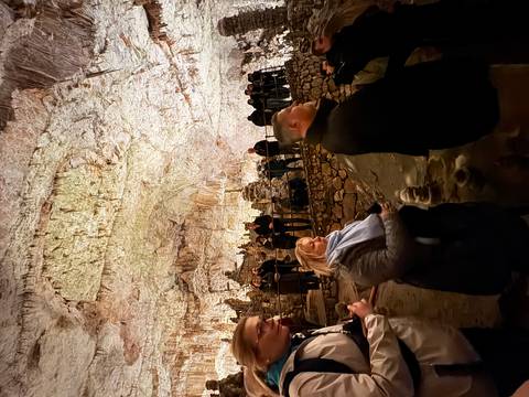       Group of people inside an illuminated cave.
  