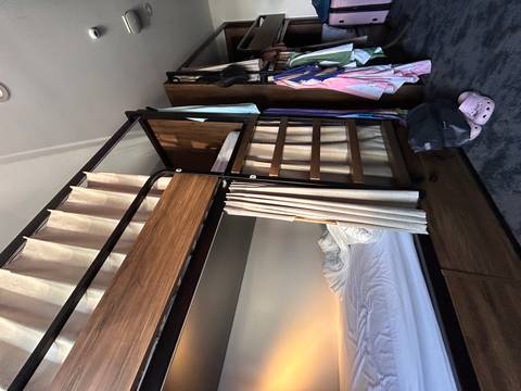       Interior of a hostel bunk bed dormitory.
  