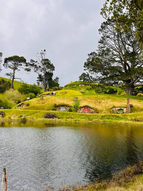       Hobbiton village landscape with colorful doors.
  