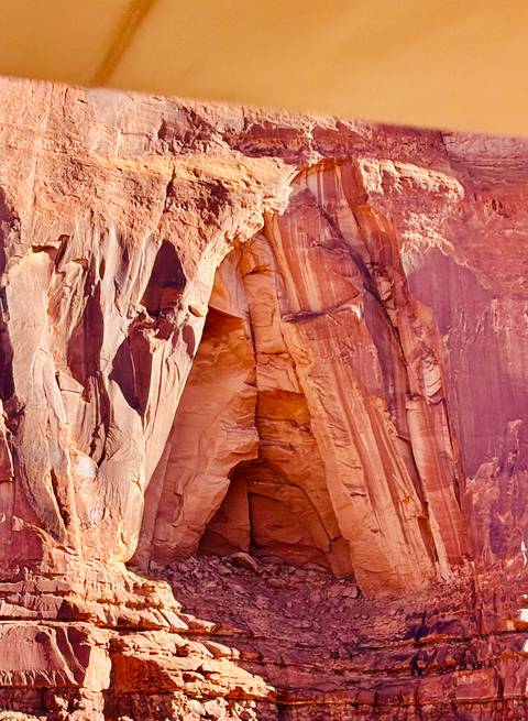 Detailed rock formations of a canyon wall.