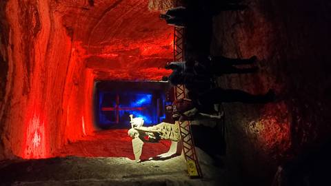       Underground cathedral with colorful lighting and statues.
  