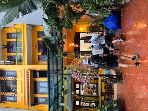 Colorful building with plants on a rainy day.