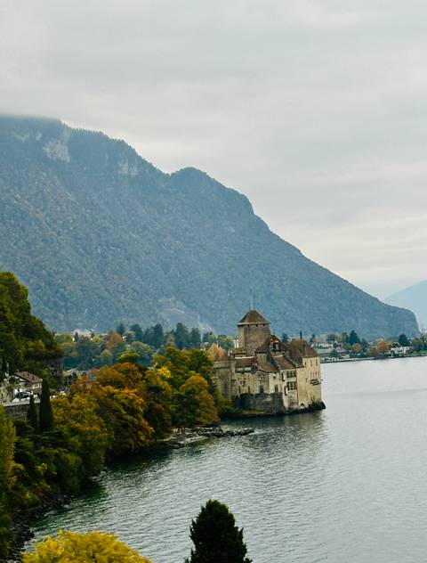 Chateau by the lakeside with a mountainous backdrop.