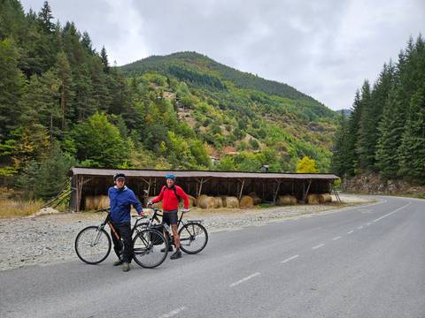 Two cyclists posing on a road with mountains and trees.