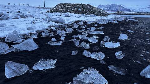       Chunks of ice scattered on a black sand beach.
  