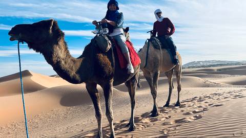 Two people riding camels in the desert.