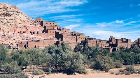       Ait Benhaddou with palm trees in foreground.
  