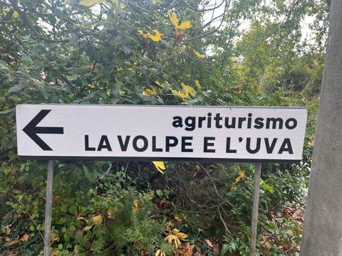       Sign board for agriturismo with trees in the background.
  