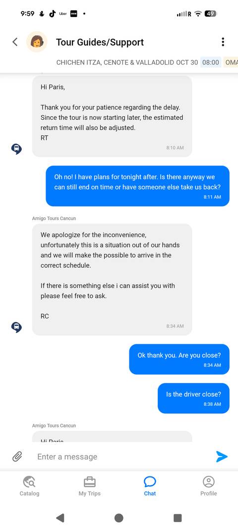 Screenshot of a text message apology from a tour company.