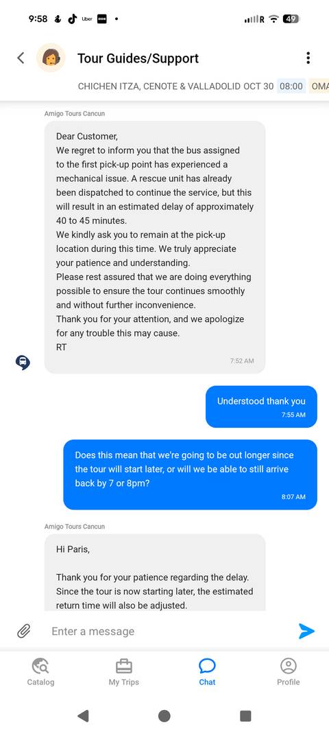 Screenshot of a conversation regarding tour concerns.