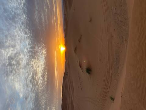       Sunset over a sandy desert landscape.
  