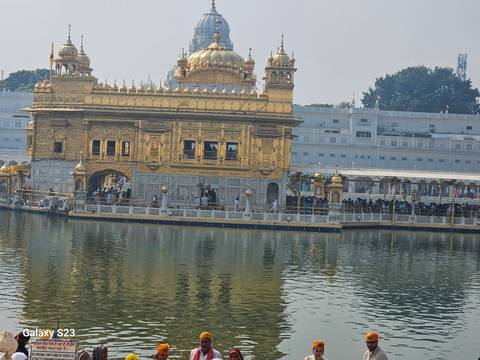       Golden Temple surrounded by a holy pool and visitors.
  
