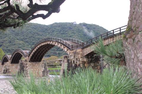 Wooden arch bridge with mountains in the background.
