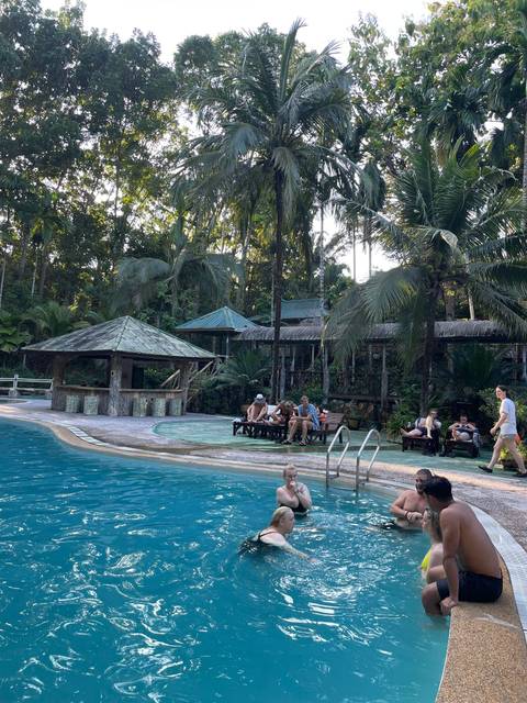       People lounging by a pool surrounded by tropical vegetation.
  