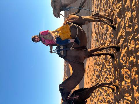 Woman riding a camel in the desert.