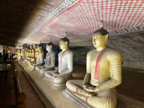 A row of Buddha statues inside a cave with ornate ceiling patterns.