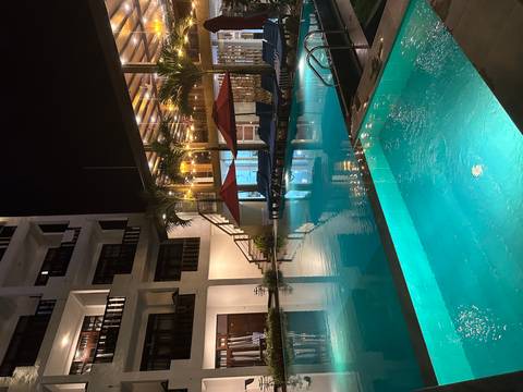       Swimming pool with a modern building and palm trees at night.
  