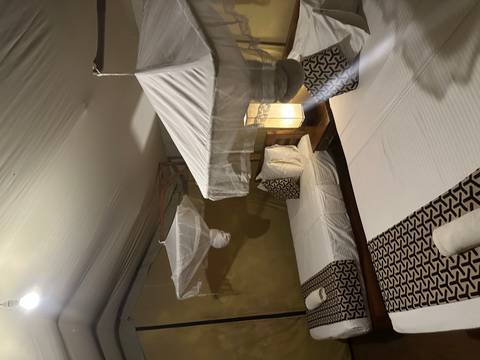       Interior of a room with two beds and mosquito nets.
  