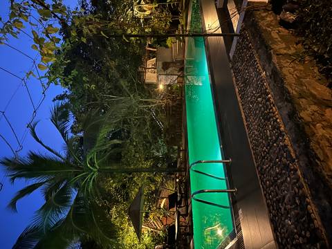 Outdoor swimming pool surrounded by trees under evening sky.