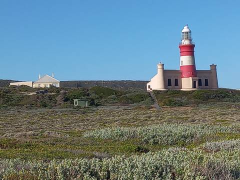       Lighthouse on hill with clear blue sky.
  