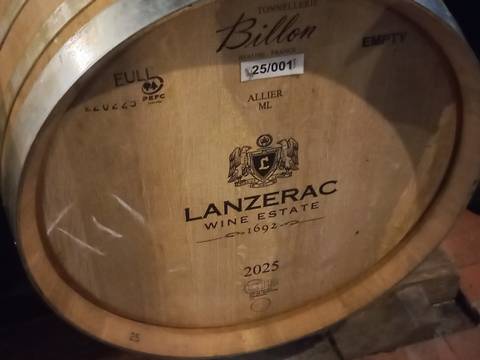Wine barrel with Lanzerac Wine Estate label.