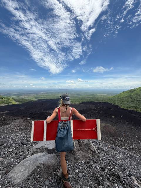 Person overlooking a vast landscape with a board.