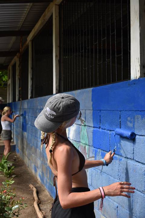 Person painting a wall with bright colors.