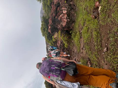       Group of people walking up a hill with backpacks.
  