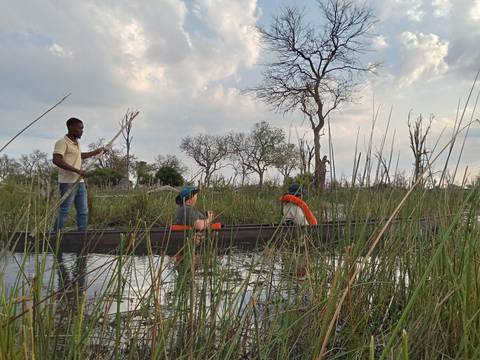       People in a traditional canoe navigating through reeds in a delta.
  