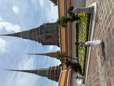 Person standing near elaborate temple structures.