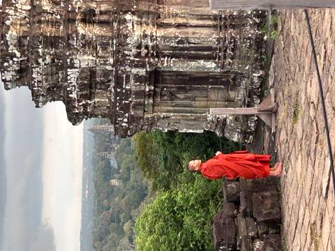       Monk observing a historic stone structure with trees in the background.
  