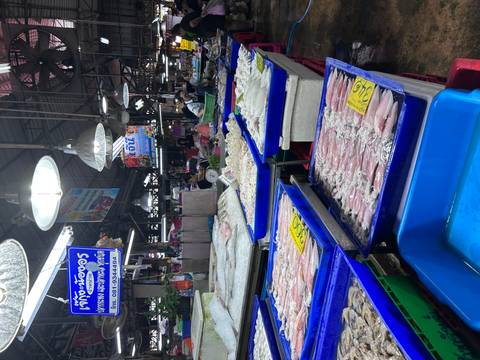       Fish market with stalls and colorful overhead signs in a busy environment.
  