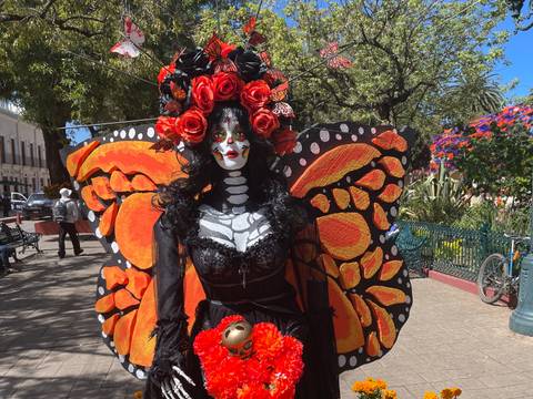 Person in elaborate butterfly costume for Day of the Dead.