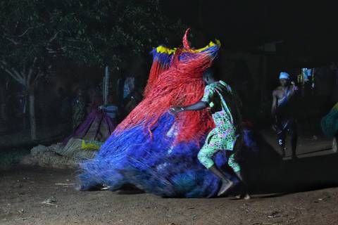       People dressed in colorful traditional costumes participating in a dance.
  