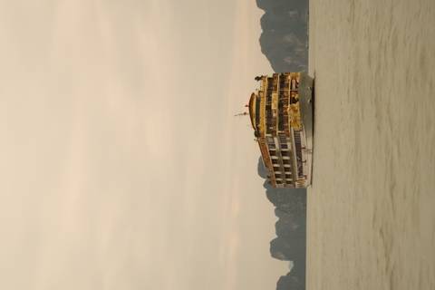       Cruise ship on calm waters with distant rocky landscape.
  