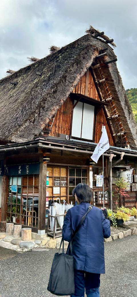       Traditional wooden house with thatched roof.
  