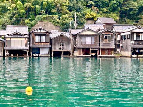 Traditional Japanese houses built above water.