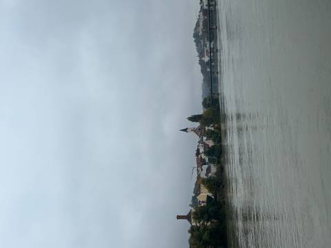 River view with distant village and overcast sky.