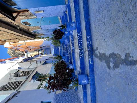       Blue steps with welcome signs in multiple languages.
  