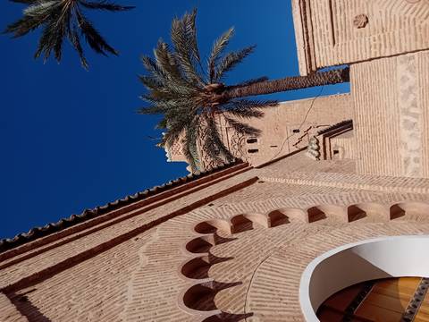       Traditional Moroccan building with palm trees.
  
